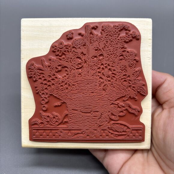 Sandi Gore Evans Wood Rubber Stamp Peach Basket Flowers Bird Fruit 1997 Uptown - Picture 2 of 7